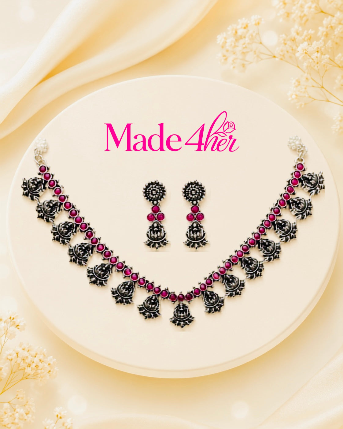Traditional Antique Red-Tone Necklace Set with Floral and Teardrop Designs