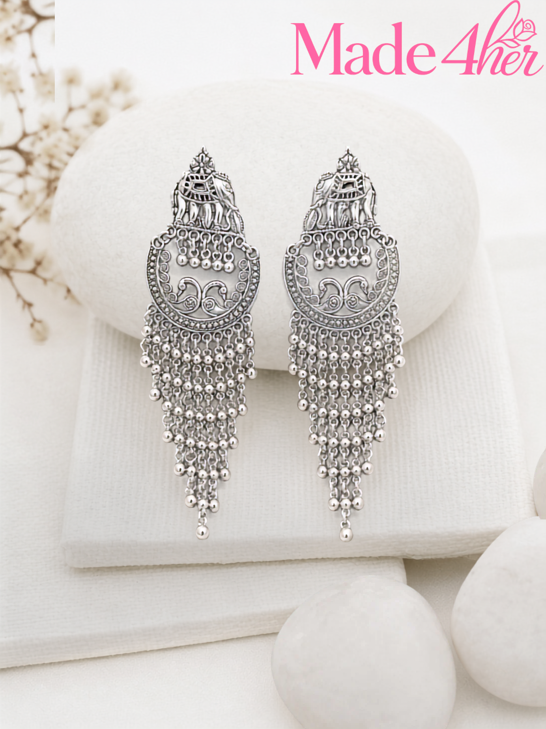 Oxidized Silver Elephant Earrings with Bead Chains