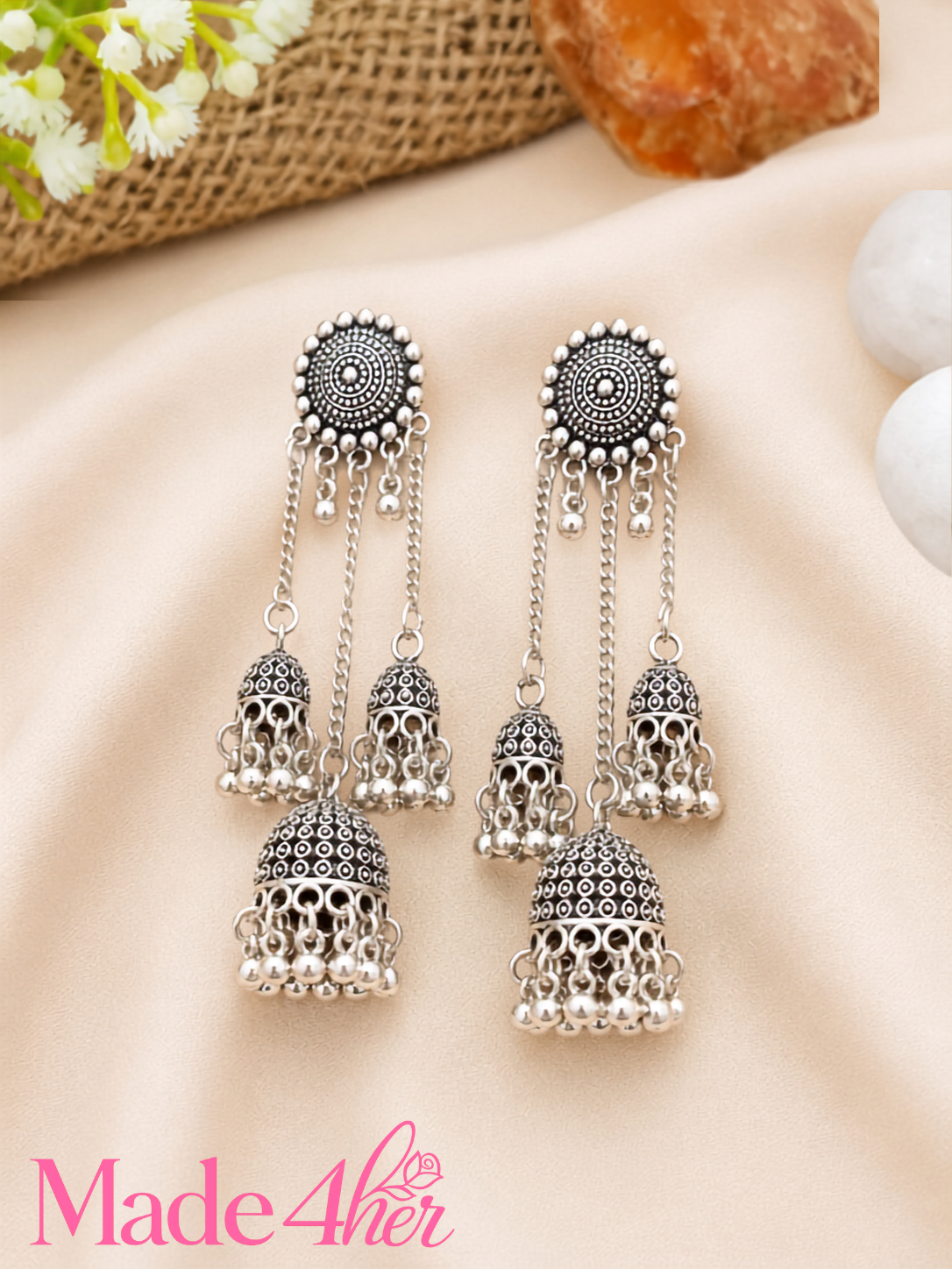 Chandni Oxidised-Toned Filigree Drops with Floral Engravings