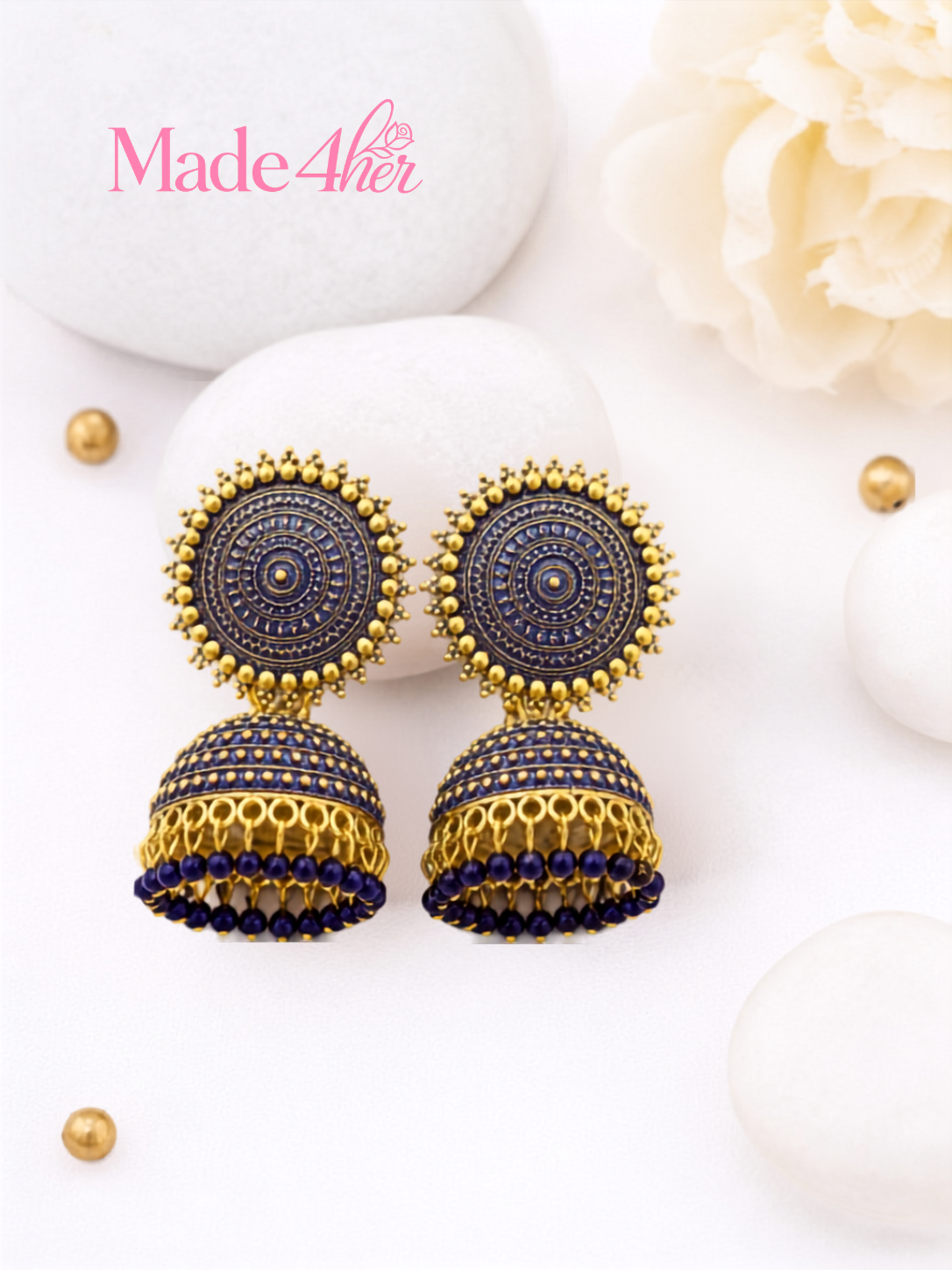 Traditional Stud Earrings with Ornate Oval Motifs & Beaded Drops