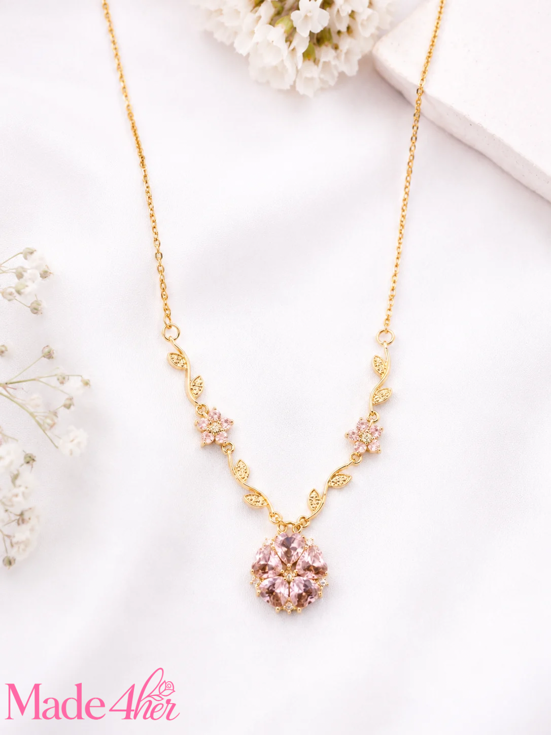 Golden Pink Blossom Crystal Necklace Waterproof- Timeless
