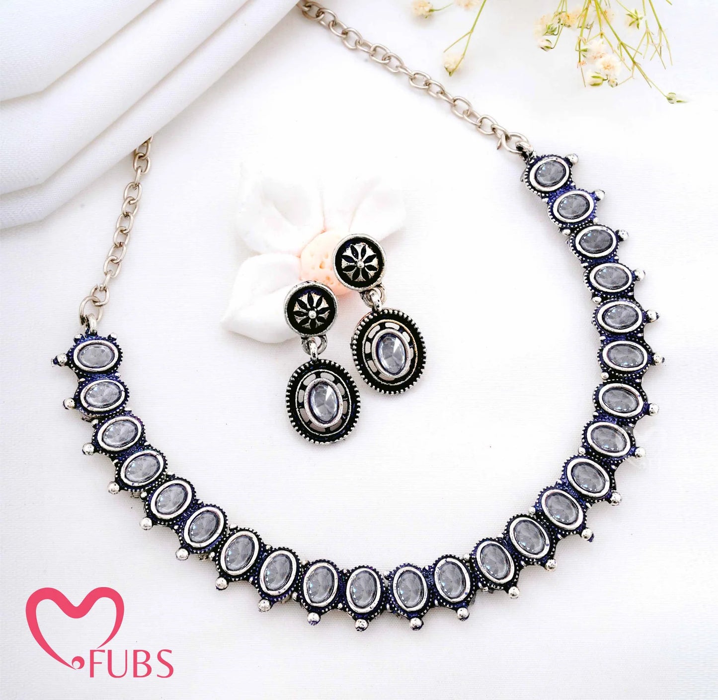 Oxidized Oval Stone Choker Set with Statement Earrings
