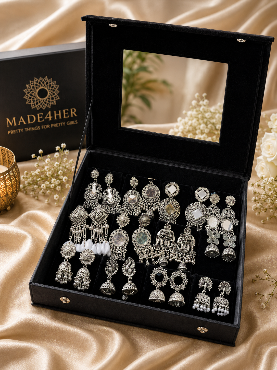 Velvet Premium Mirror Box Daily Wear 12 Pair of Oxdised Earrings