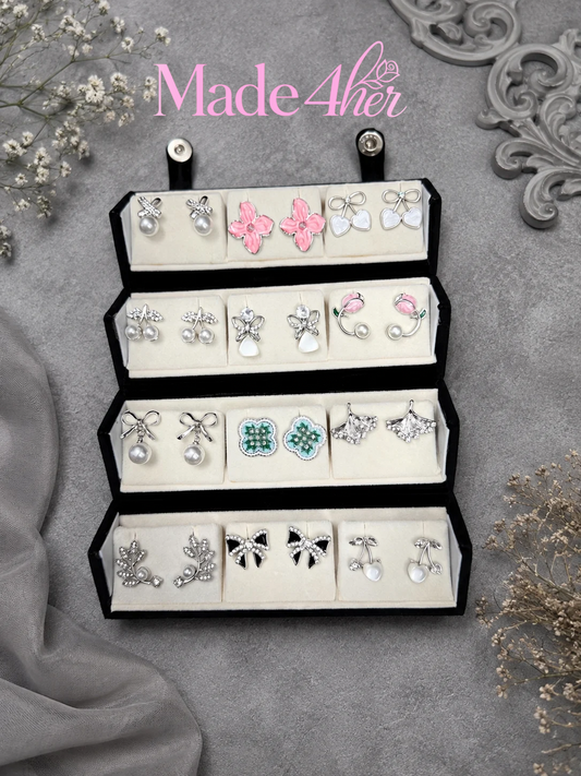 Set Of 12 Western Designer Stud Earrings With Folding Jewelry Box