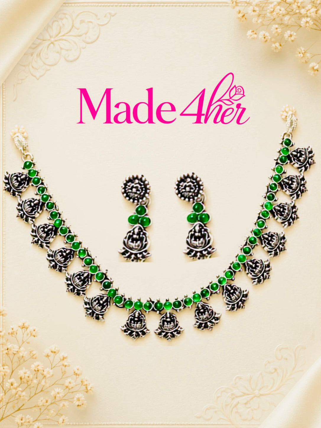 Traditional Antique Green-Tone Necklace Set with Floral and Teardrop Designs