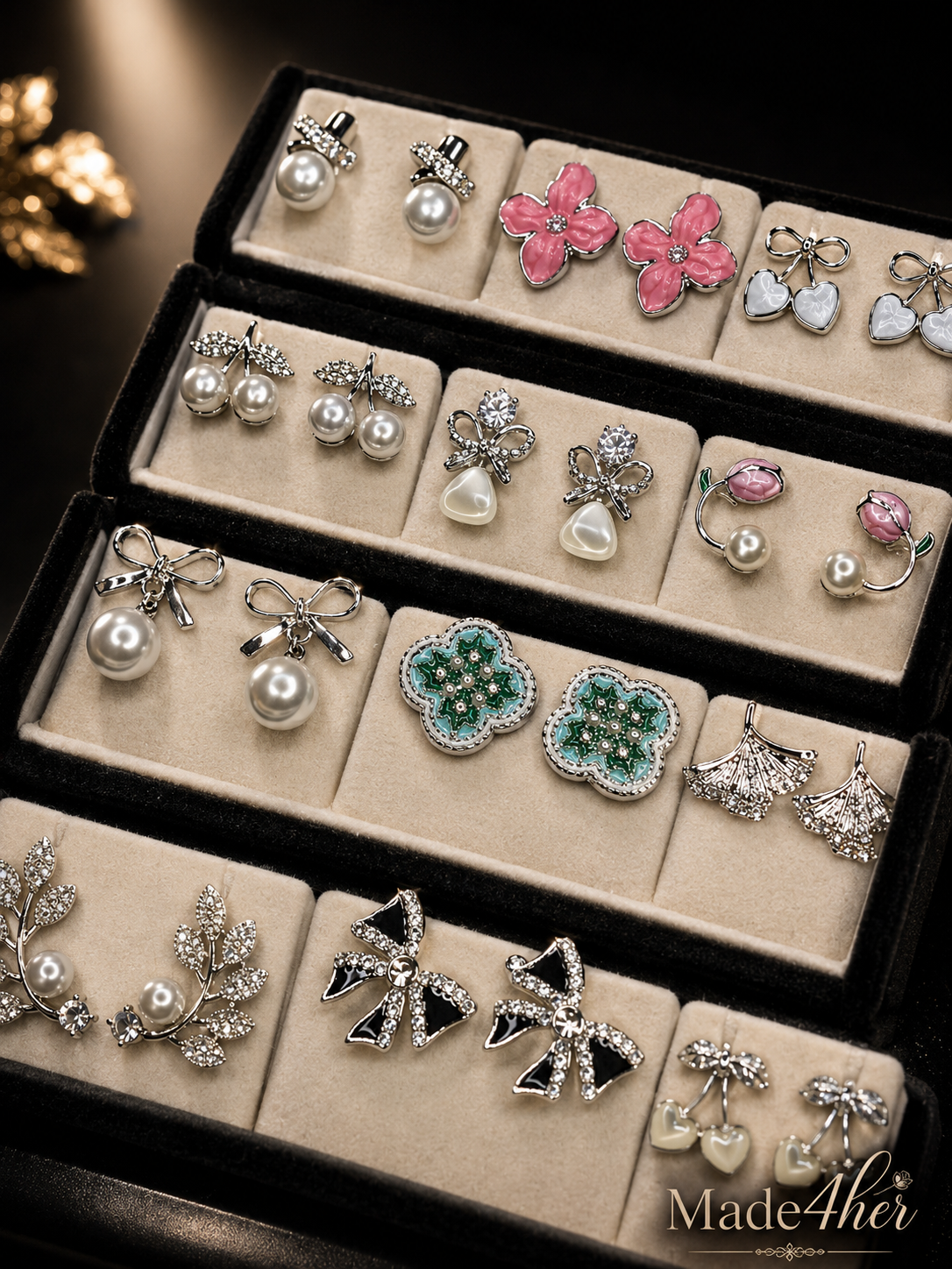 Set Of 13 Oxidized Designer Stud Earrings With Folding Jewelry Box