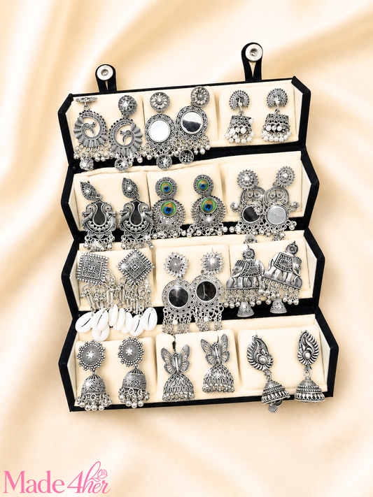 Set Of 12 Oxidized Designer Stud Earrings With Velvet Folding Premium Jewelry Box