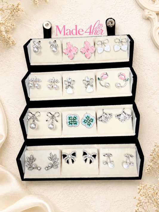 Set Of 12 Western Designer Stud Earrings With Folding Jewelry Box