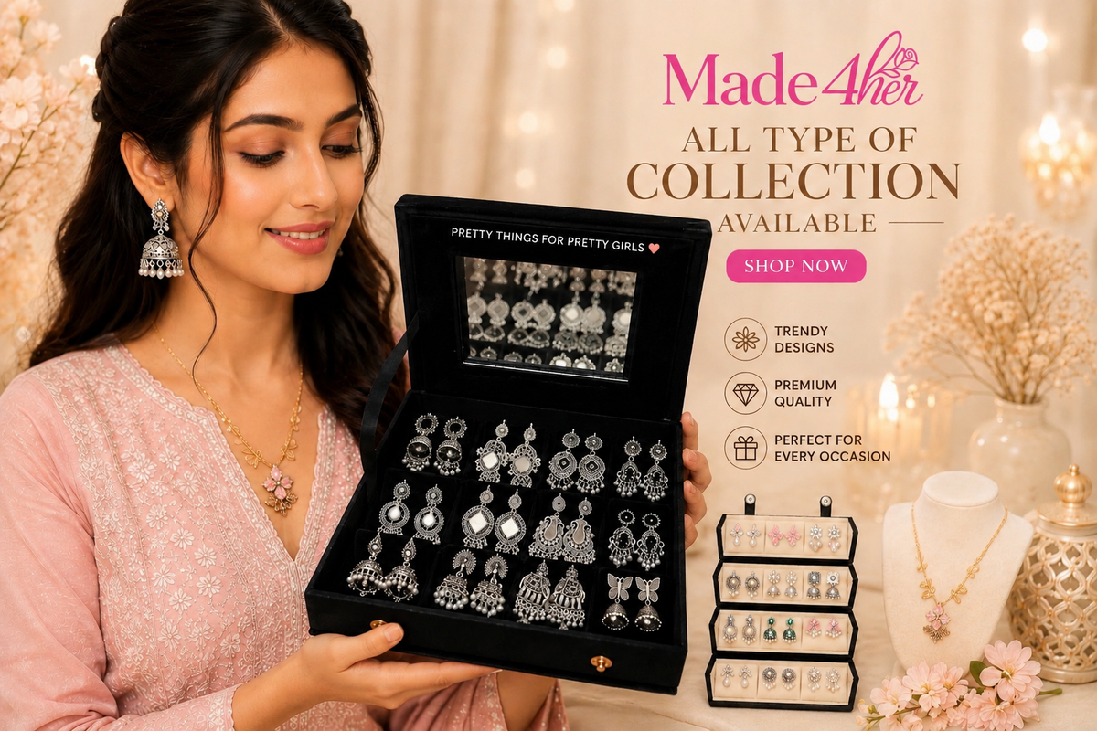 A woman in a pink embroidered top holds an open black jewelry box filled with silver-toned earrings and necklaces. The scene includes promotional text reading 'Made4her ALL TYPE OF COLLECTION AVAILABLE SHOP NOW' and a smaller display of additional jewelry pieces on a white background with decorative floral props.