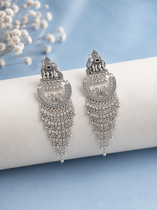 Oxidized Silver Elephant Earrings with Bead Chains