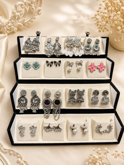 16-Pair Of Royal Earrings – Oxidised & Korean Jwellery Mix With Velvet Folding Premium Box