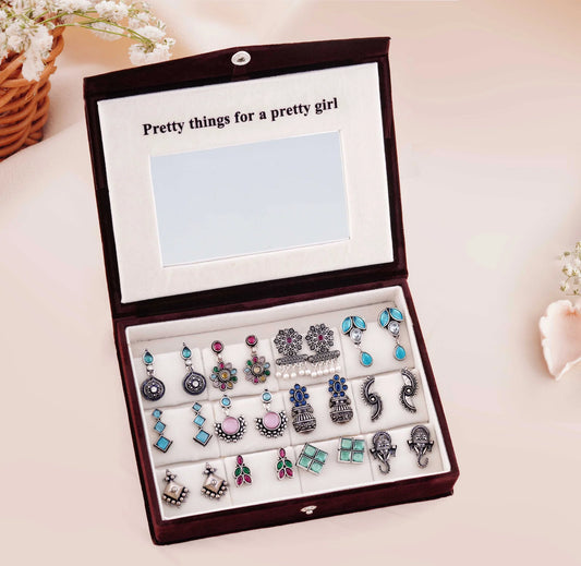 Blushing Mirror Box - 12 Oxidised Multicolor Earrings Set with Sandesh Patra