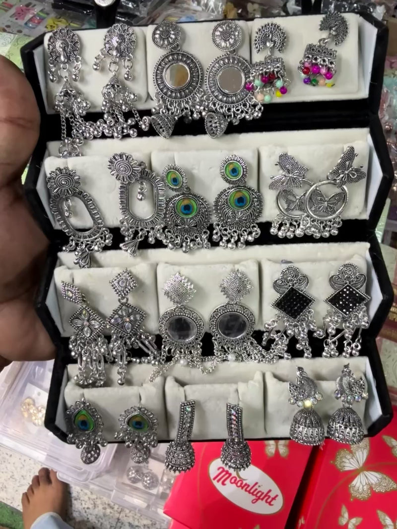 Set Of 12 Oxidized Designer Stud Earrings With Folding Jewelry Box Reel 2